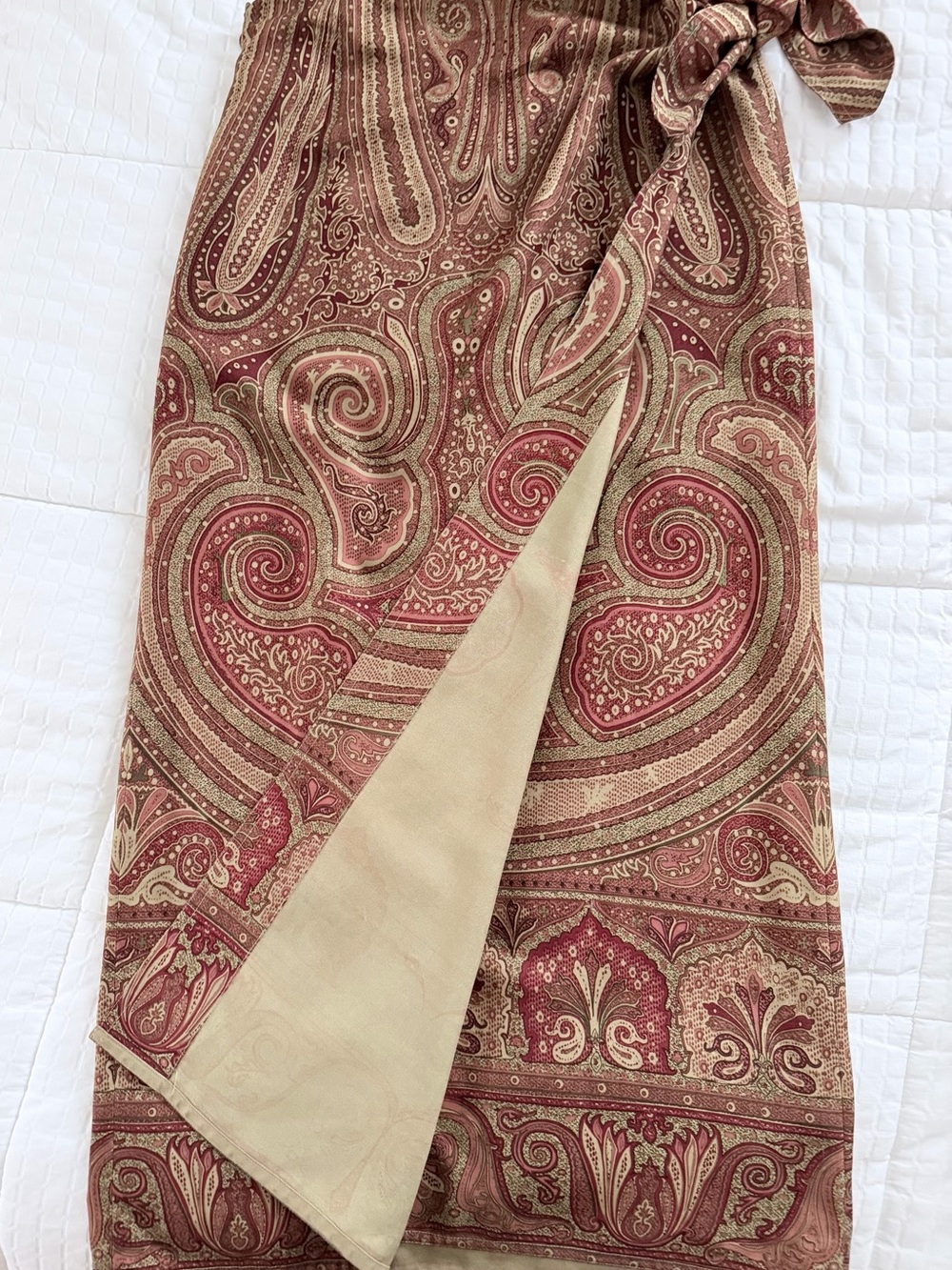 Lauren Ralph Lauren 100% Silk Paisley Wrap Midi Skirt Earthy Rust Burgundy